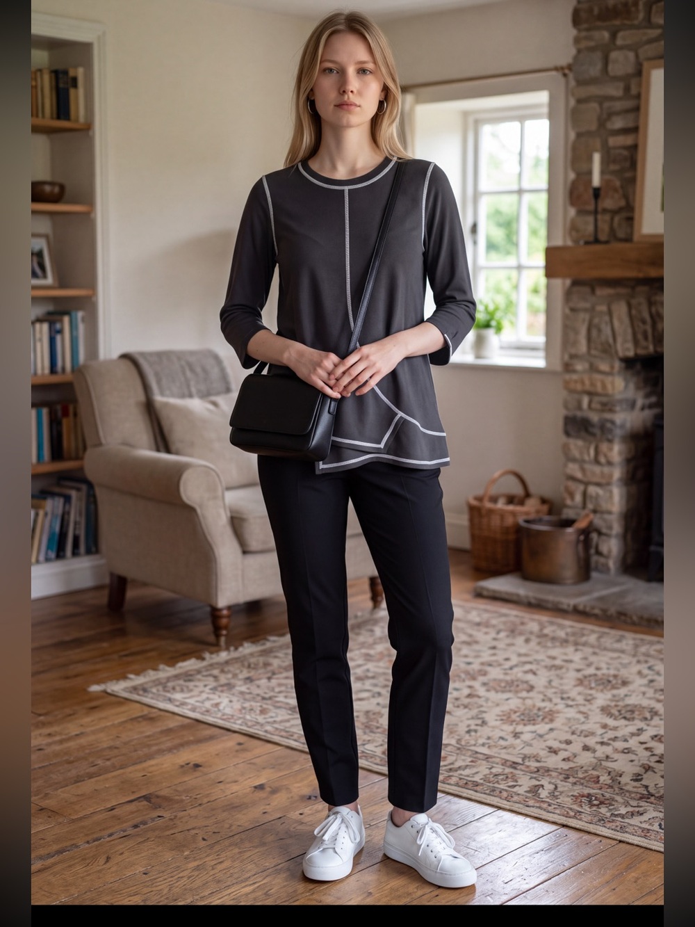 Eli Black Long Sleeve Top With White Accents asymmetrical Aline